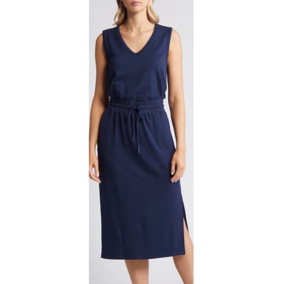 Evereve Dresses & Skirts - EVEREVE Kiara Midi Drawstring Waist Navy Blue Dress Size Medium